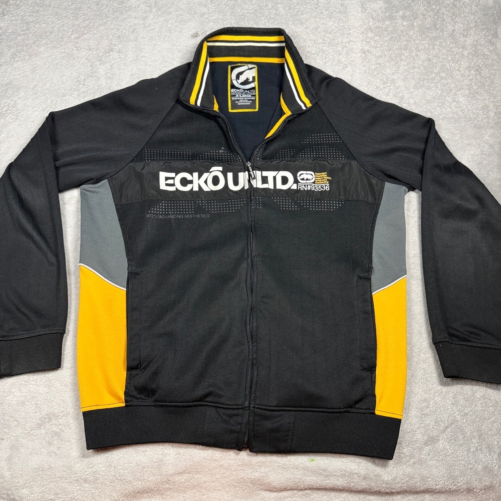 Ecko Unltd Track Jacket Mens XL Black Yellow Colorblock Y2K Streetwear Zip Up
